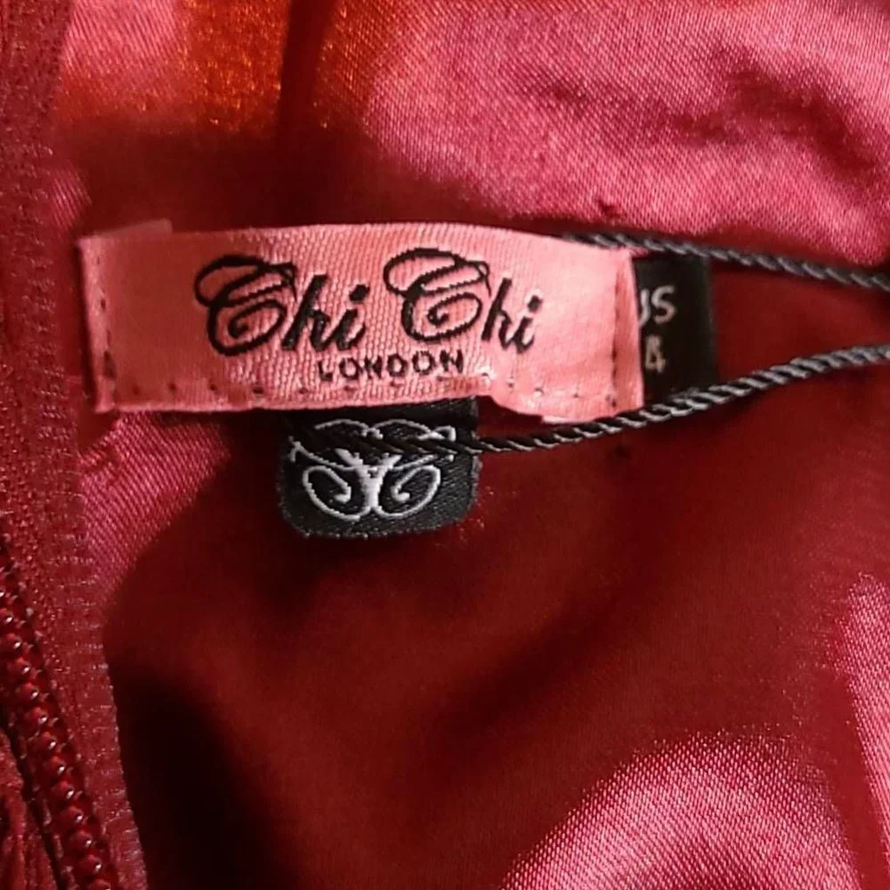 Chi Chi Womens Bardot Midi‎ Dress Fit & Flare Red Burgundy Lace Hem Lined 4 New - Picture 7 of 10